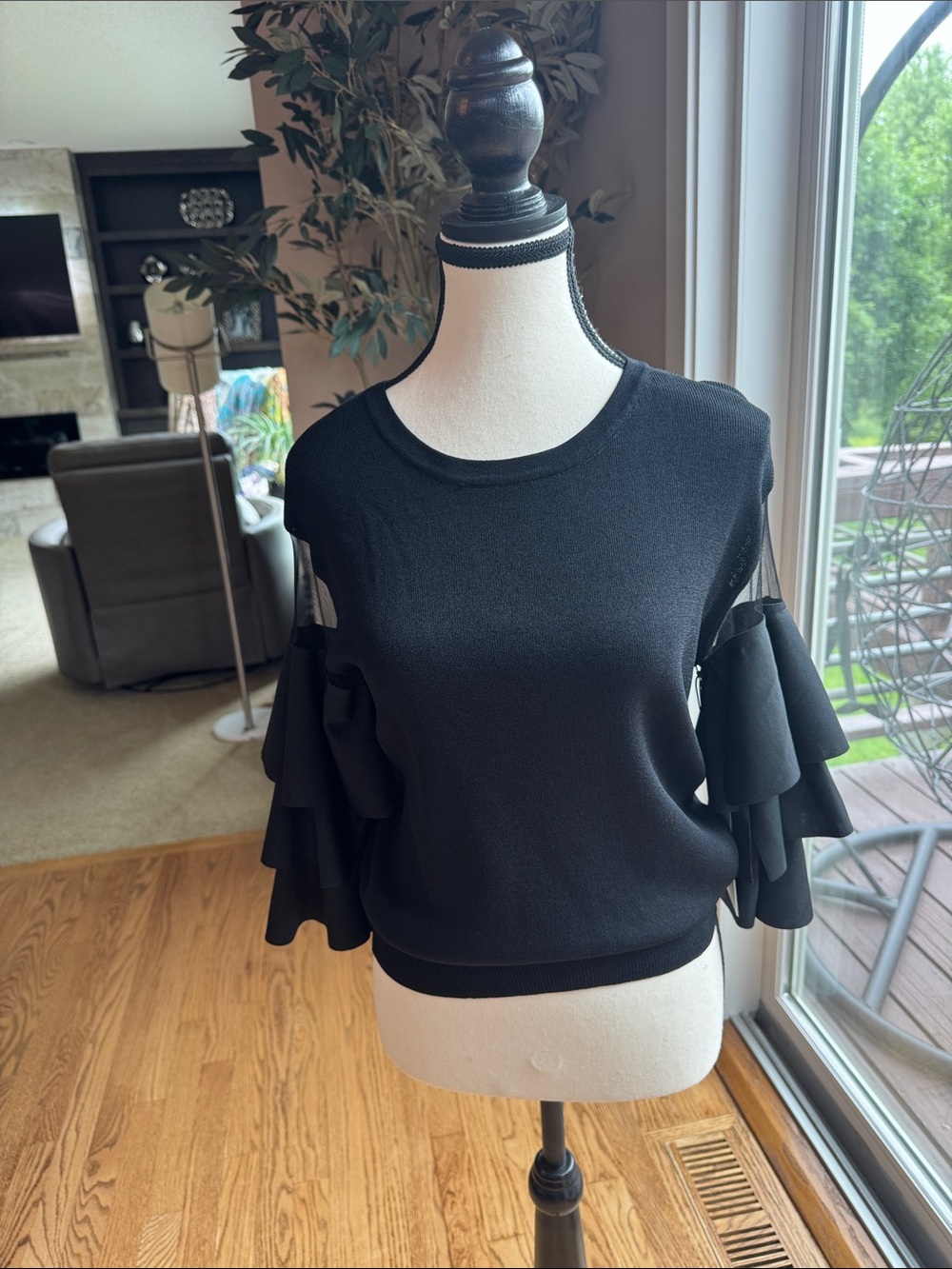 Rachel Zoe Black Ruffle-Sleeve Crew Neck Sweater